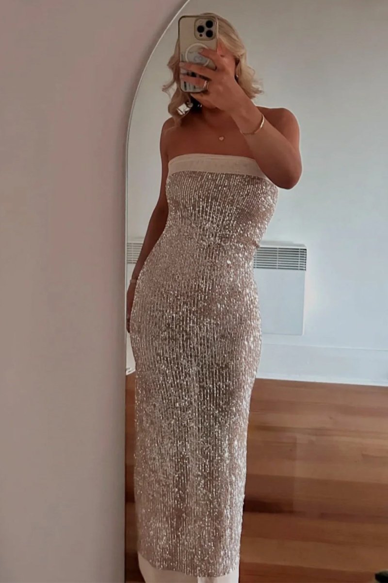 Champagne - Sheath Strapless Sequined Long Prom Dresses
