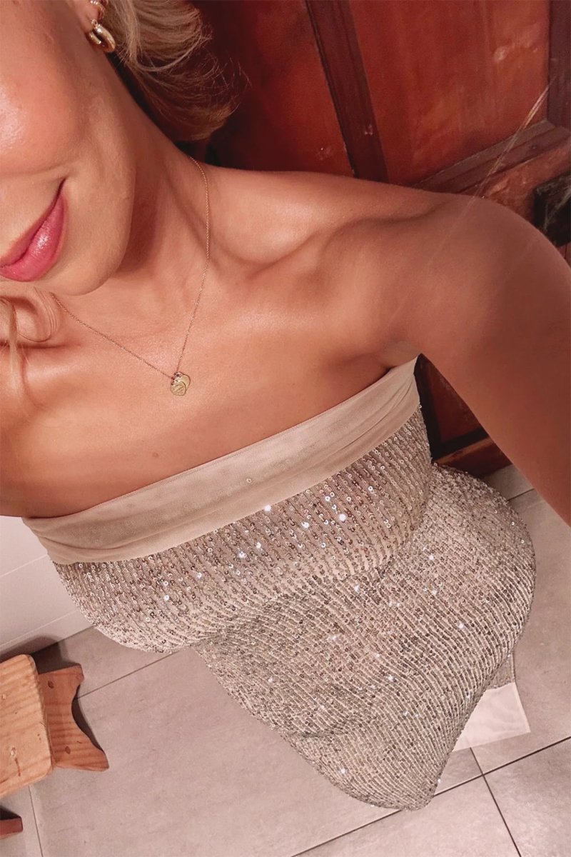 Champagne - Sheath Strapless Sequined Long Prom Dresses