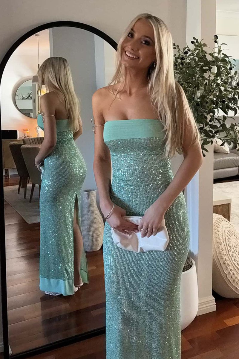 Sage - Sheath Strapless Sequined Long Prom Dresses