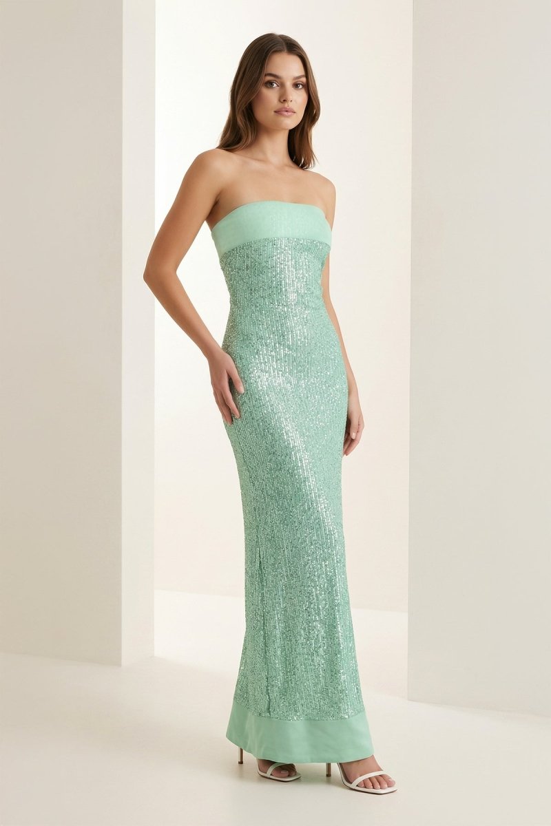 Sage - Sheath Strapless Sequined Long Prom Dresses