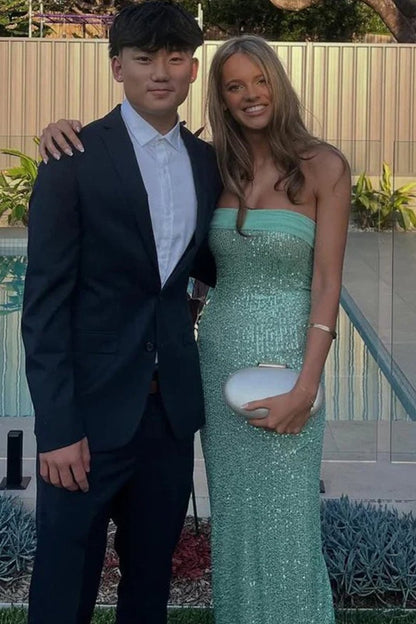 Sage - Sheath Strapless Sequined Long Prom Dresses