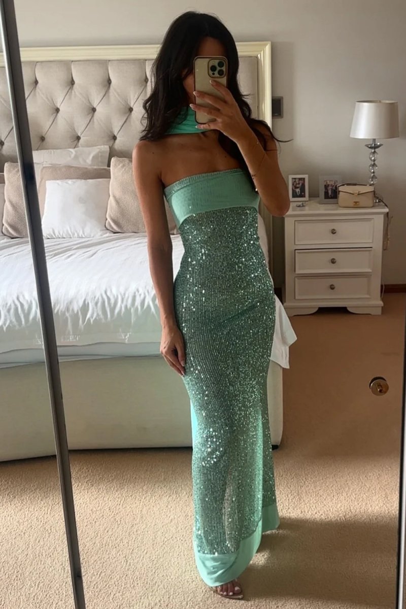 Sage - Sheath Strapless Sequined Long Prom Dresses