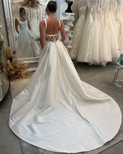 Classic Long Ivory A-line Straps Satin Sleeveless Backless Wedding Dress With Slit