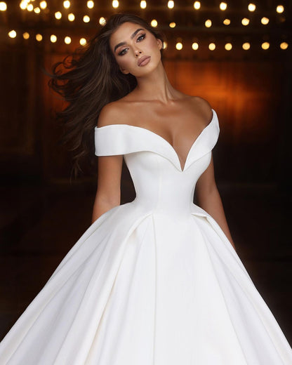 Classic Long White A-line Off-the-shoulder V-neck Satin Wedding Dress