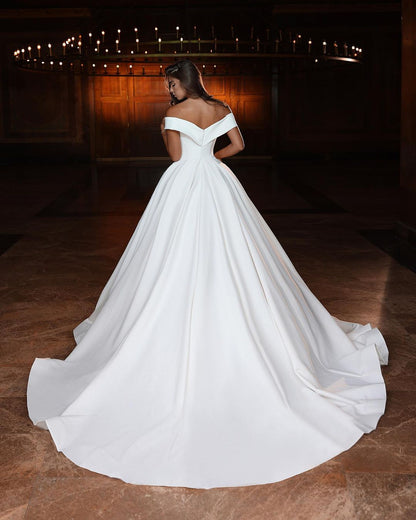 Classic Long White A-line Off-the-shoulder V-neck Satin Wedding Dress