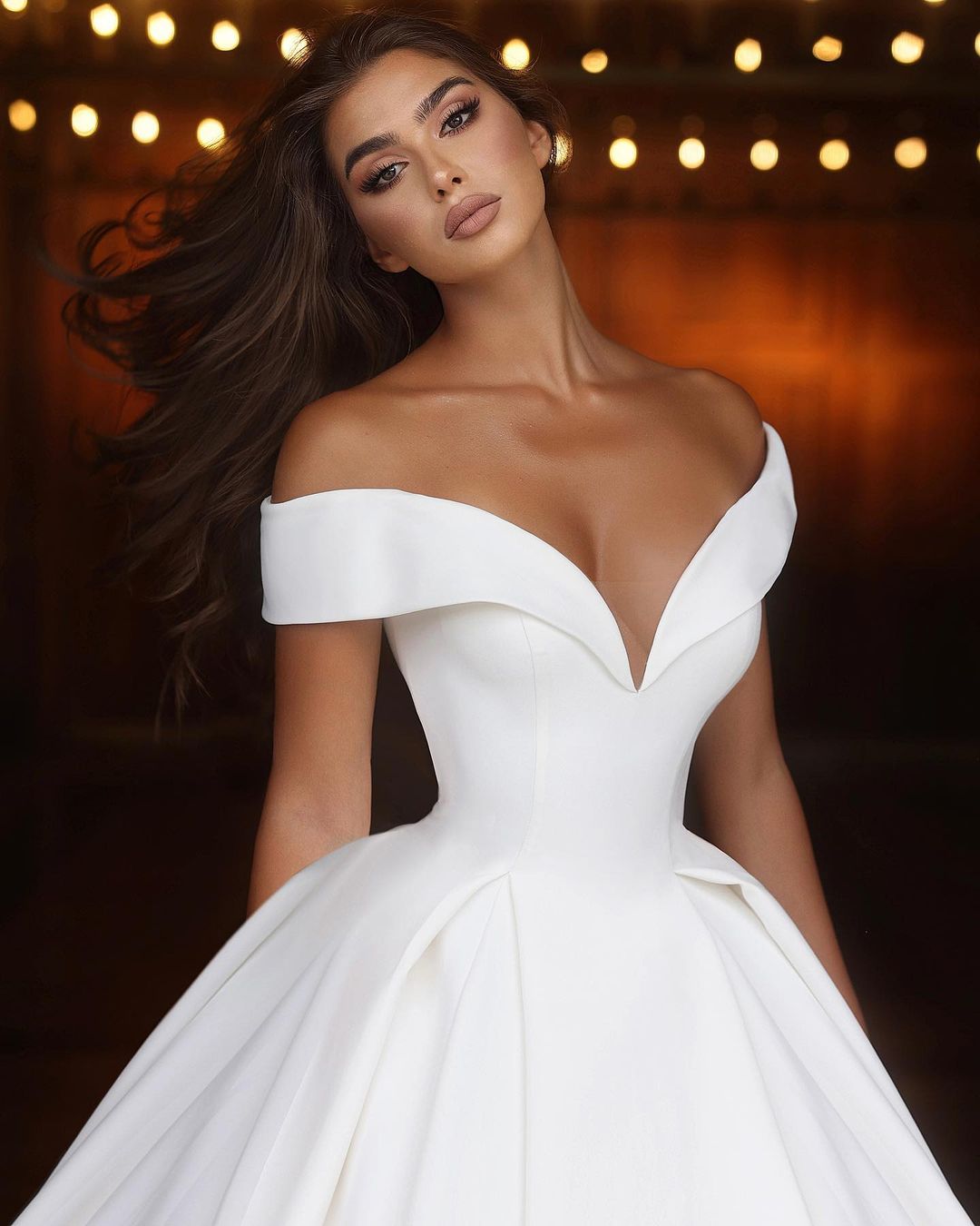 Classic Long White A-line Off-the-shoulder V-neck Satin Wedding Dress