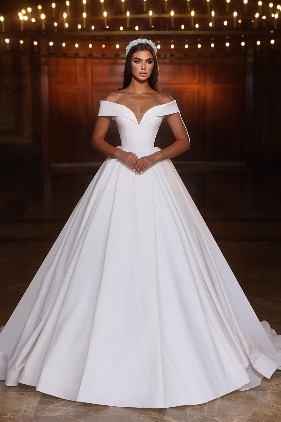 Classic Long White A-line Off-the-shoulder V-neck Satin Wedding Dress