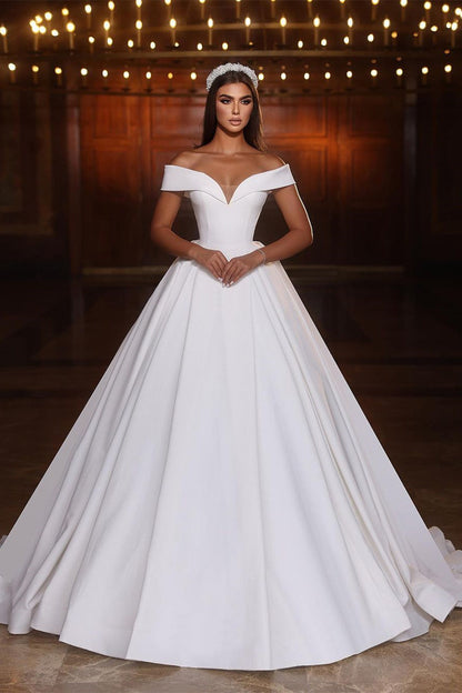 Classic Long White A-line Off-the-shoulder V-neck Satin Wedding Dress