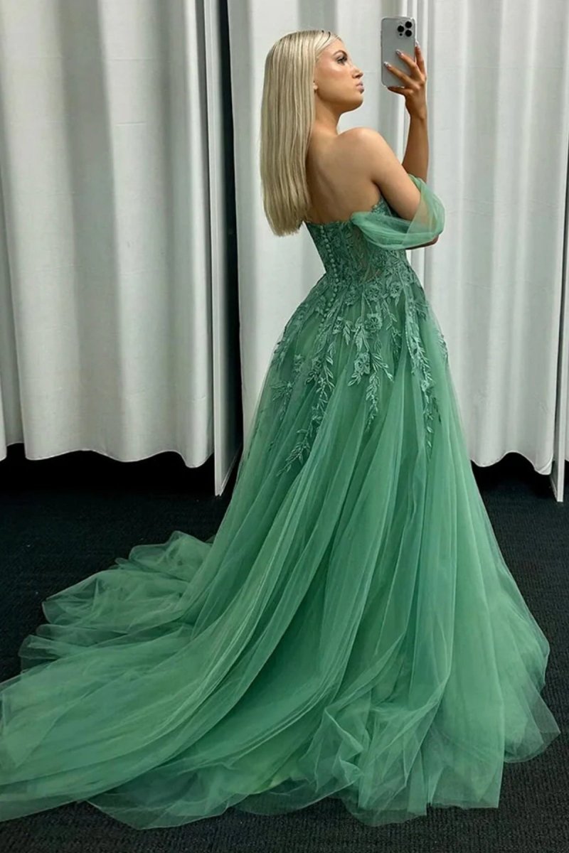 Off the Shoulder Mint Green Tulle Lace Prom Dresses with Appliques