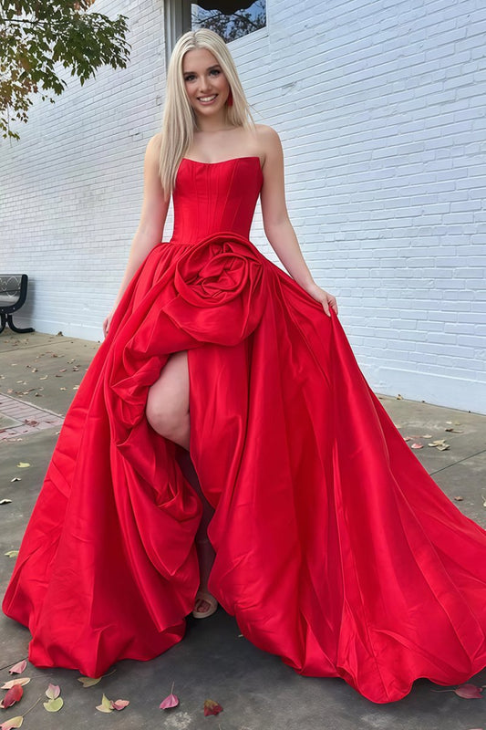 Red - Scoop Neck A Line Satin Long Prom Dress With Floral