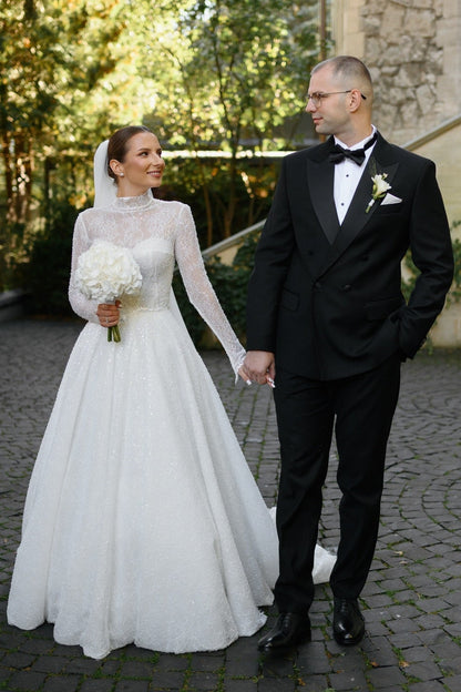 Lace Sparkle High Neck Long Sleeve A-Line Wedding Dress