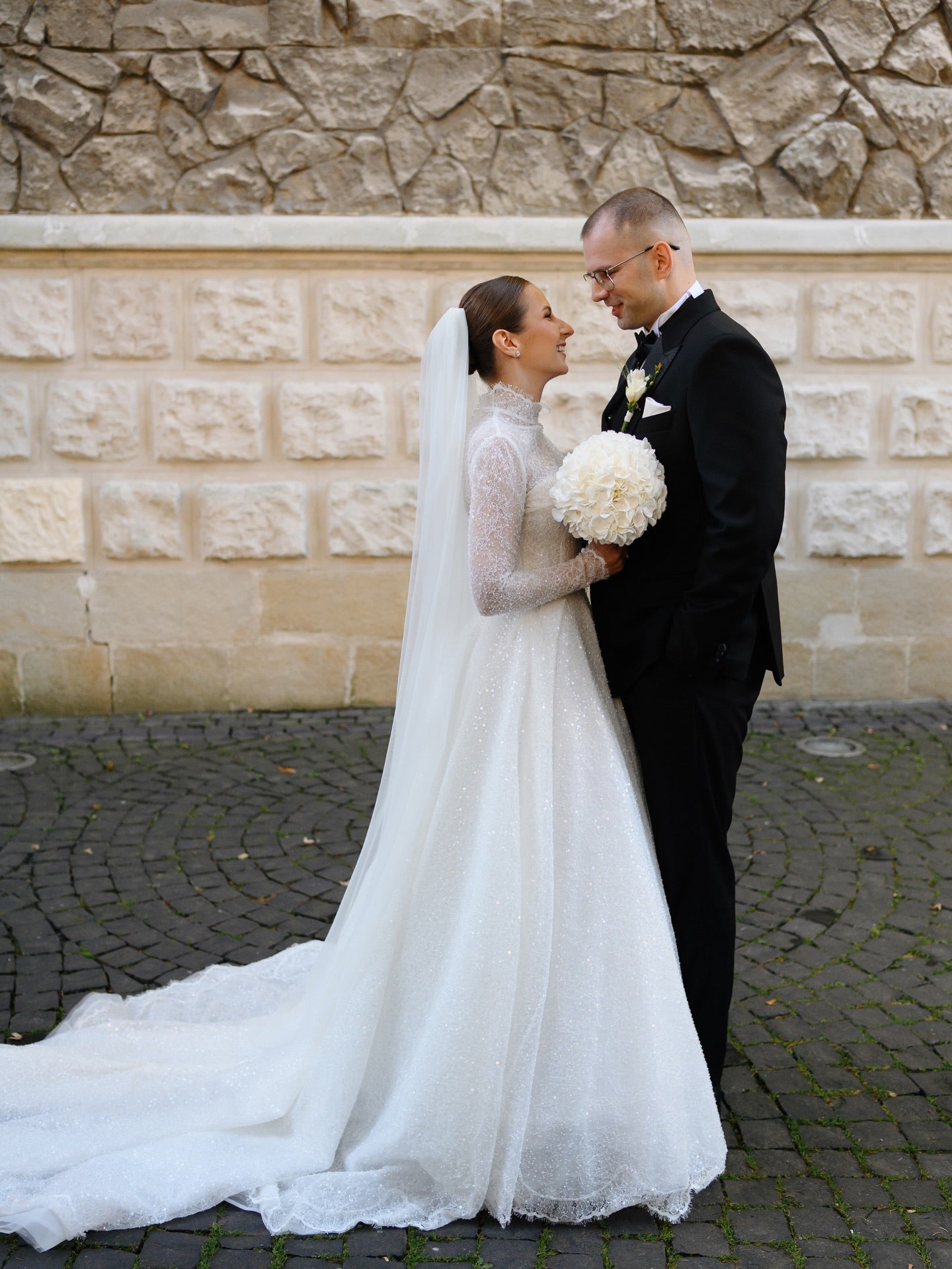 Lace Sparkle High Neck Long Sleeve A-Line Wedding Dress