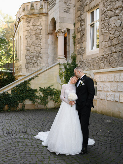 Lace Sparkle High Neck Long Sleeve A-Line Wedding Dress