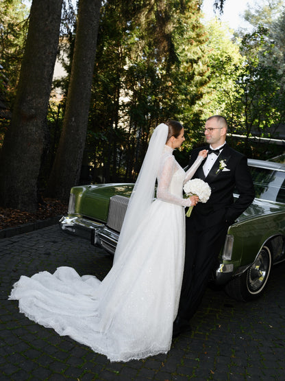 Lace Sparkle High Neck Long Sleeve A-Line Wedding Dress