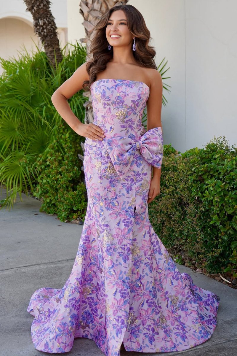 Lavender - Strapless Mermaid Floral Printed Long Formal Prom Dresses With Bowknot