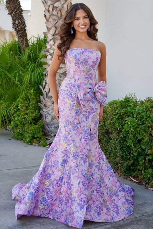 Lavender - Strapless Mermaid Floral Printed Long Formal Prom Dresses With Bowknot
