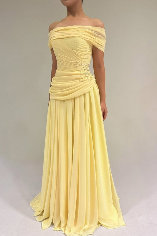Chiffon Off-The-Shoulder Strapless Sleeveless Long A-Line Prom Dress With Pleated