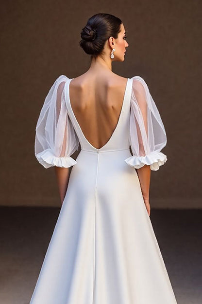 Bubble Sleeves V-Neck Satin Wedding Dress Open Back Long On Sale