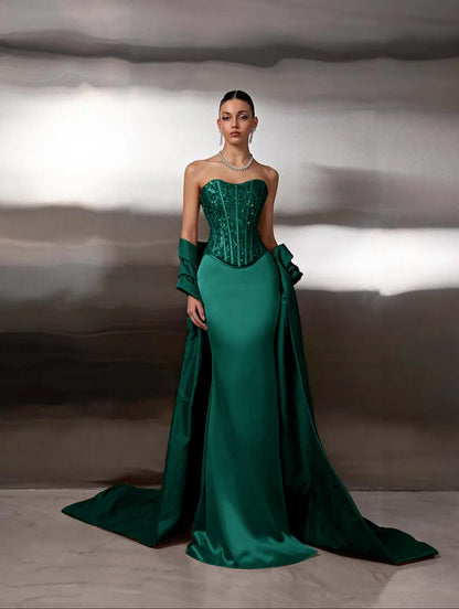 Satin Strapless Sleeveless Long Mermaid Prom Dress With Ruffles And Sequins