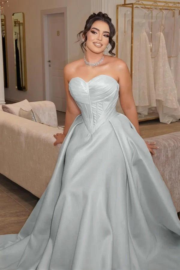 Satin Sweetheart Strapless Sleeveless Long Pleated Mermaid Prom Dress With Corset