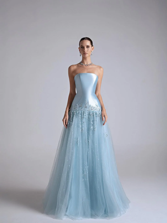 Baby Blue Satin And Tulle Strapless Sleeveless Long Pleated A-Line Prom Dress With Flower Appliqués