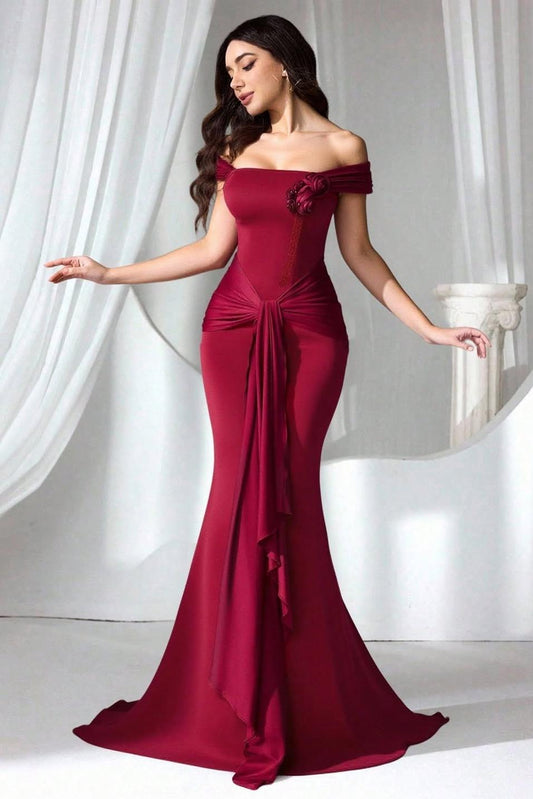 Off the Shoulder Sleeveless Long Mermaid Prom Dress With Pleated