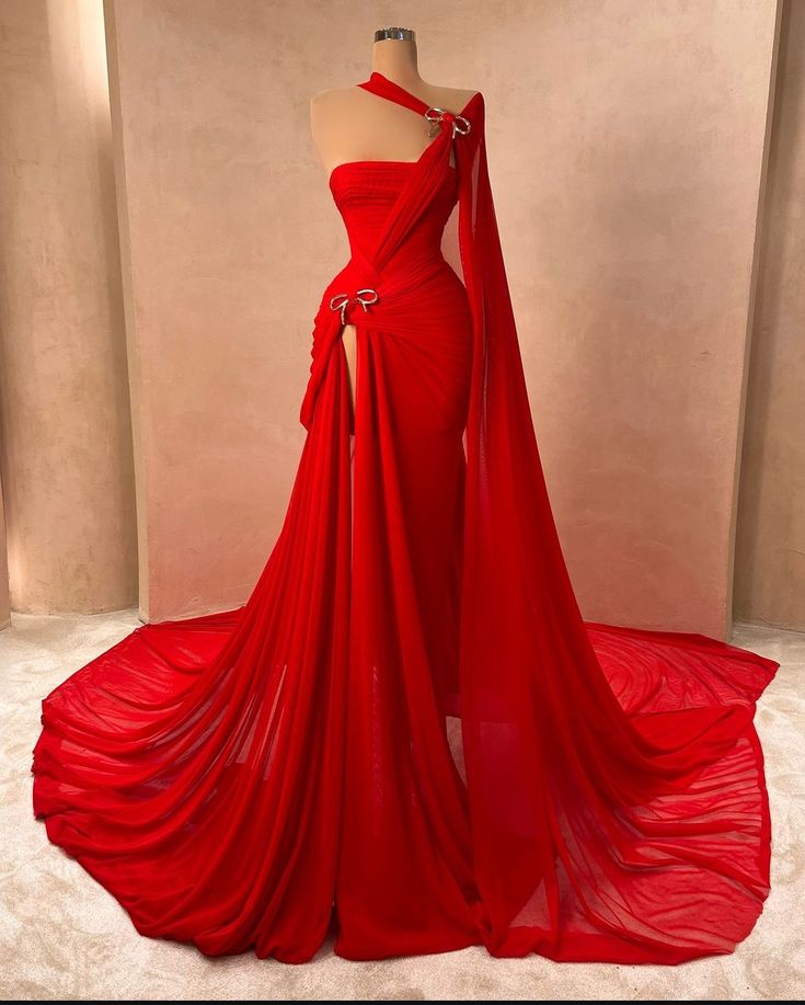Vintage Mermaid One Shoulder Red Chiffon With Slit For Women Party Dresses Formal Prom Dress Inspo 22th Birthday Gown AB1391