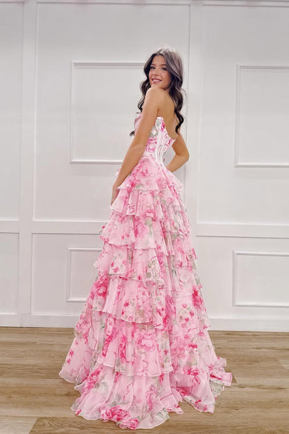 A Line Sweetheart Pink Floral Chiffon Long Prom Dress with Slit
