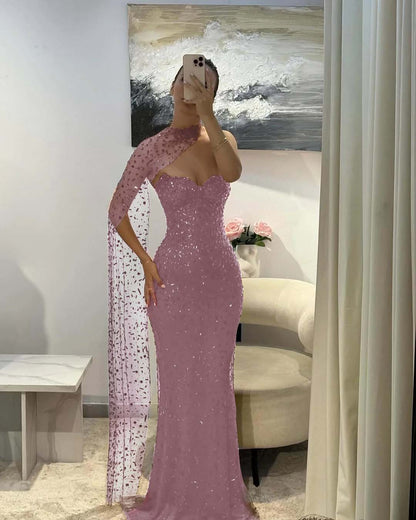 Tulle V-Neck Strapless Sleeveless Long Mermaid Prom Dress With Sequins And Ruffles