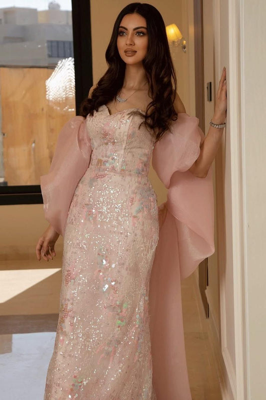 Sleeveless Strapless Mermaid Long Prom Dress With Sequins Ruffles