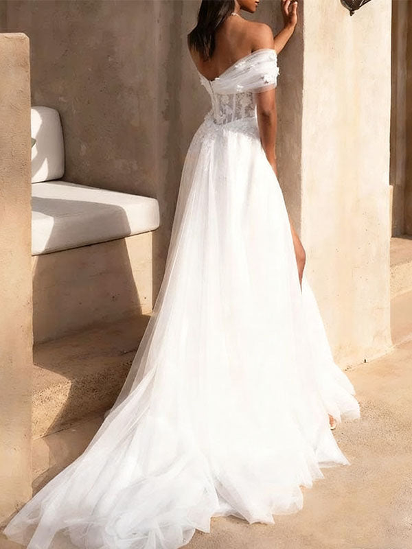 Ball Gown Off-the-Shoulder Strapless Chapel Train Tulle Wedding Dresses