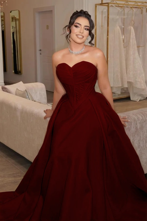 Satin Sweetheart Strapless Sleeveless Long Pleated Mermaid Prom Dress With Corset