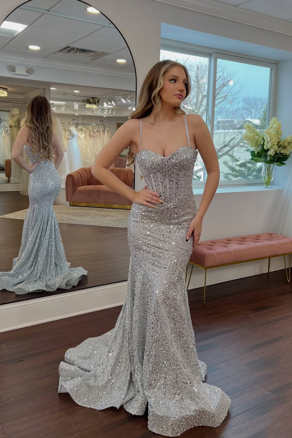 Sparkly Mermaid Sweetheart Silver Sequins Long Formal Prom Dresses