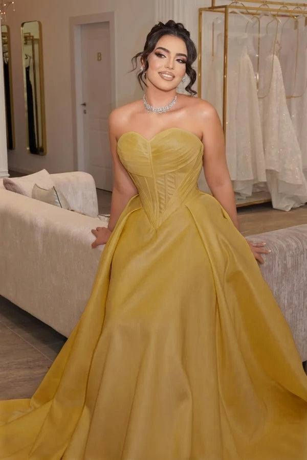 Satin Sweetheart Strapless Sleeveless Long Pleated Mermaid Prom Dress With Corset