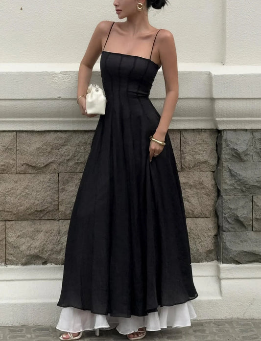 Elegant Black Spaghetti-Straps Sleeveless A-Line Pleated Prom Dress YK0677