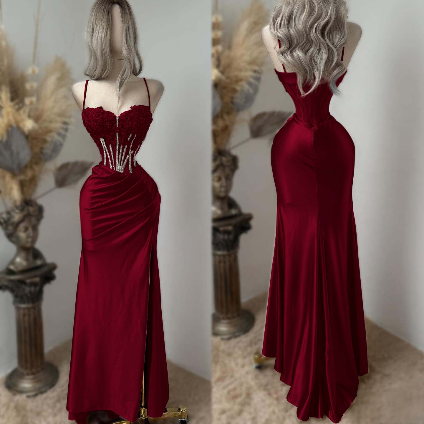 Sweetheart Spaghetti Straps Sleeveless Long Pleated Mermaid Prom Dress With Split And Rhinstone