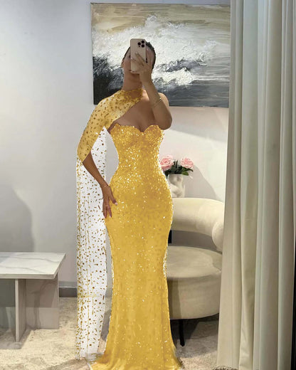 Tulle V-Neck Strapless Sleeveless Long Mermaid Prom Dress With Sequins And Ruffles