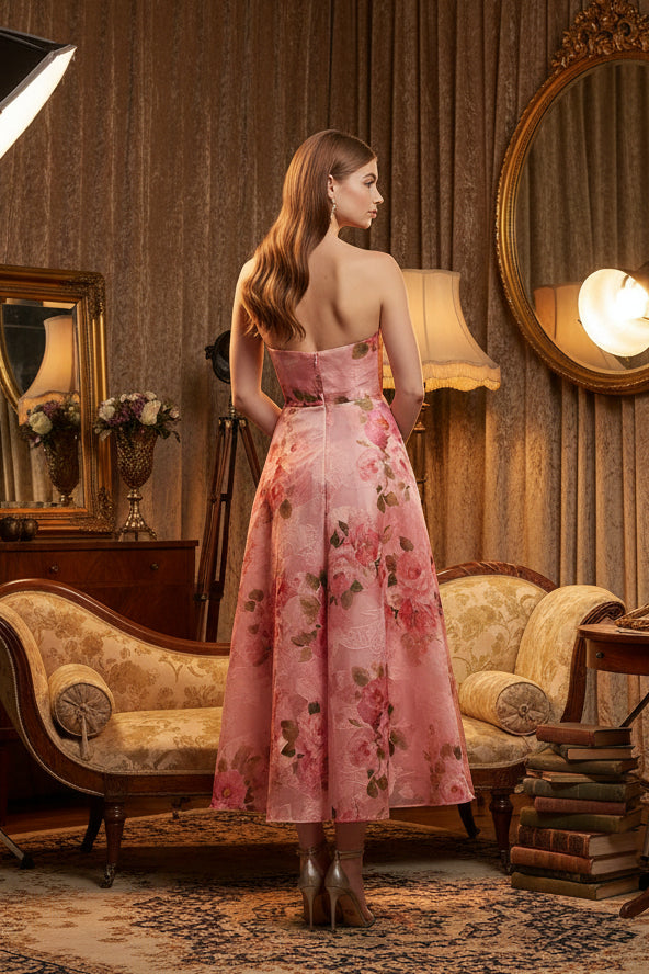 Strapless Sleeveless Flowers Floral Print A-Line Ankle-Length Prom Dress