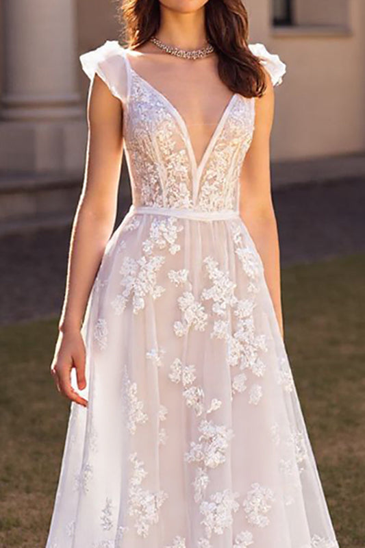 Cap Sleeves V-Neck A-Line Wedding Dresses Open Back With Lace Appliques
