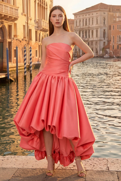 Strapless Sleeveless A-Line Ruffles Tea-Length Prom Dress