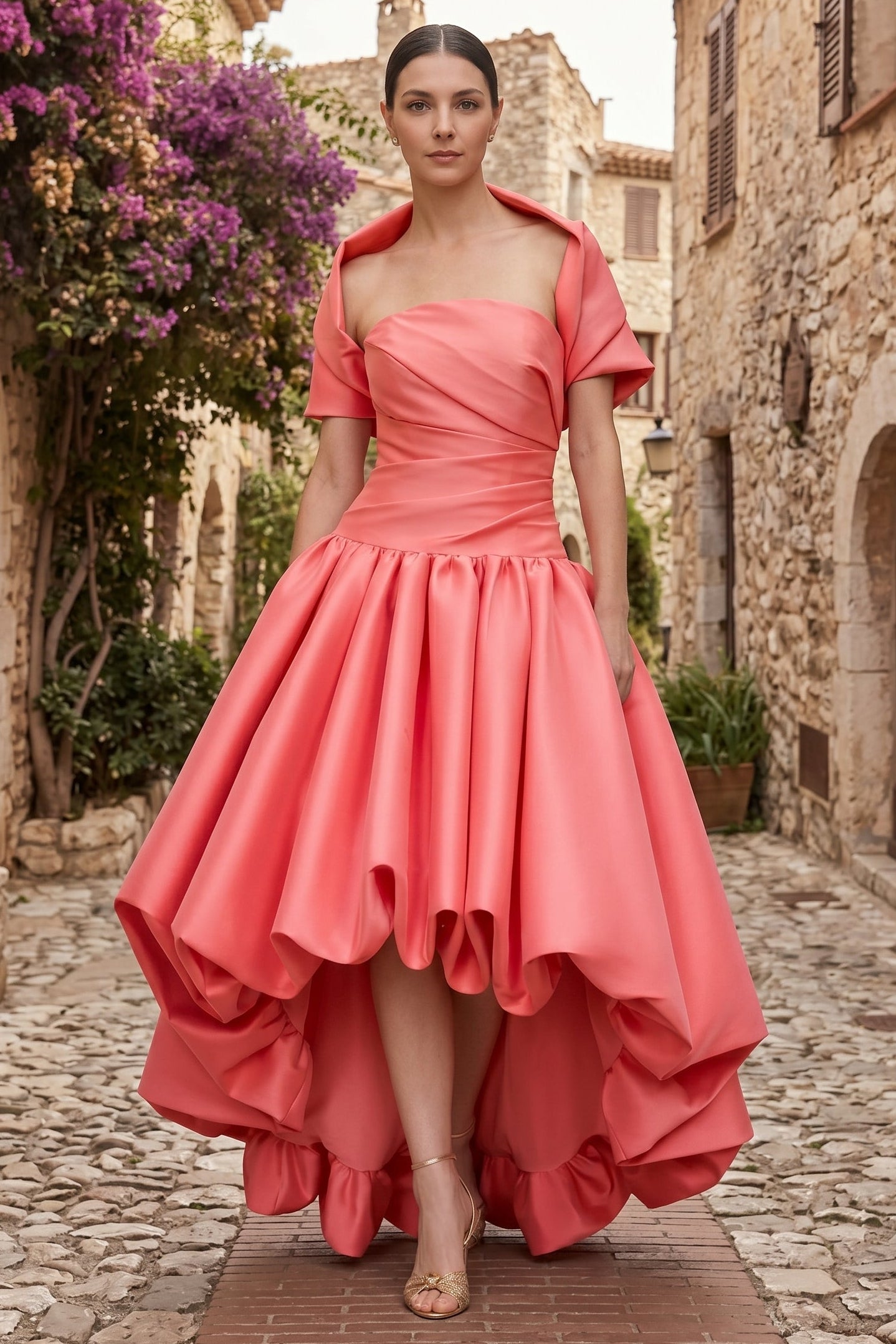 Fashion Half Sleeve Square Neck A-Line Ruffles Tea-Length Prom Dress