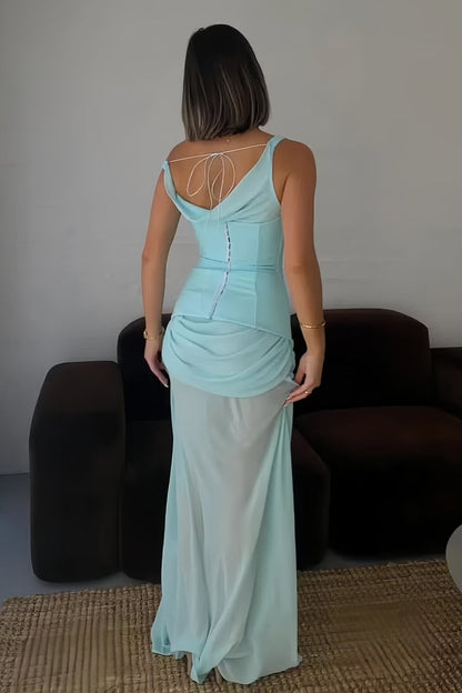 Sky Blue - One Shoulder Sheath Chiffon Pleated Long Formal Prom Dresses