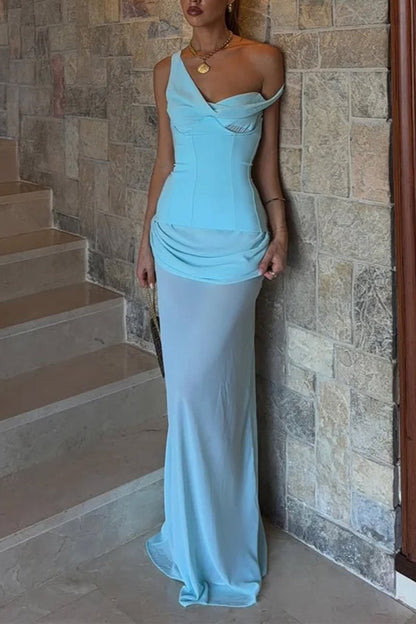 Sky Blue - One Shoulder Sheath Chiffon Pleated Long Formal Prom Dresses
