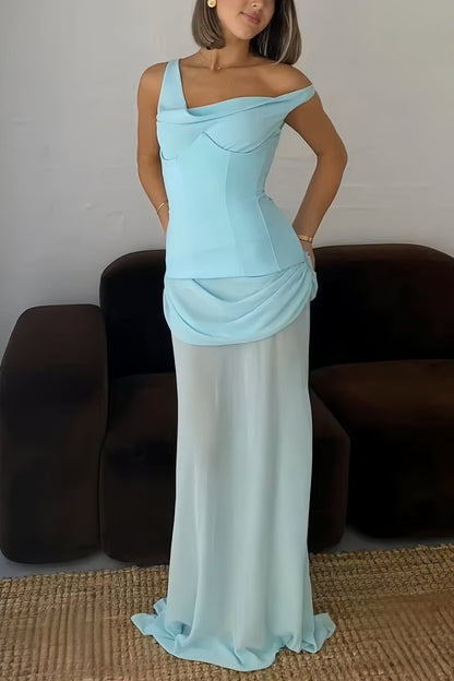 Sky Blue - One Shoulder Sheath Chiffon Pleated Long Formal Prom Dresses