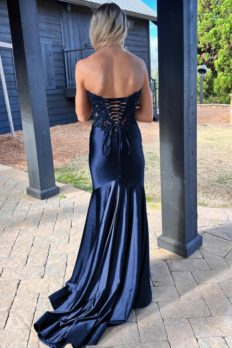 Mermaid Sweetheart Lace Satin Black Prom Dress with Slit