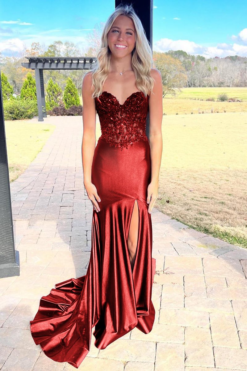 Mermaid Sweetheart Lace Satin Black Prom Dress with Slit