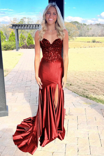 Mermaid Sweetheart Lace Satin Black Prom Dress with Slit