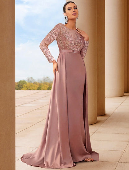 Long Sleeve Applique Mermaid Court Train Floor-Length Evening Dress