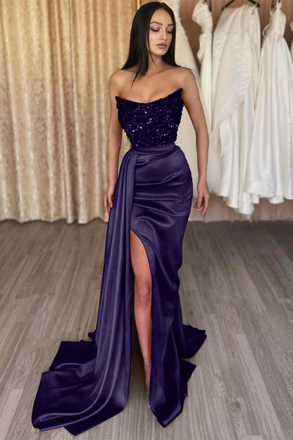 Red Strapless Elegant Sleeveless Long Sequins Prom Dress Mermaid Side Split