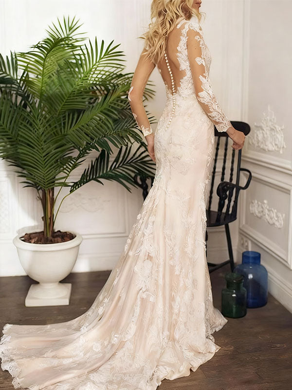 Illusion Long Sleeves Court Train Lace Wedding Dresses